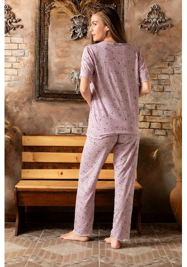 Lukitus Bambu Pamuk V Yaka Kısa Kol Kadın Pijama Takımı Lila