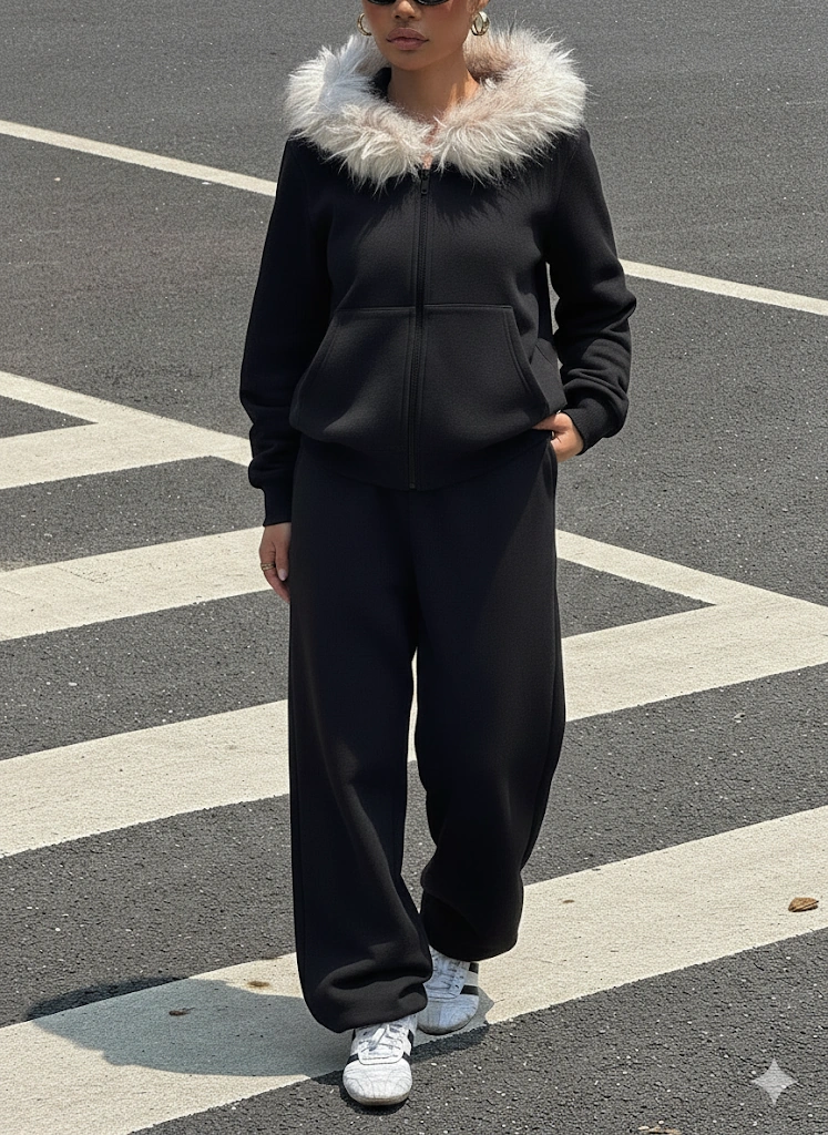 Kadın Siyah Fermuarlı Kapüşonlu Sweatshirt Eşfoman Takımı Kürklü Kapüşon, Cepli, Rahat Kalıp Siyah