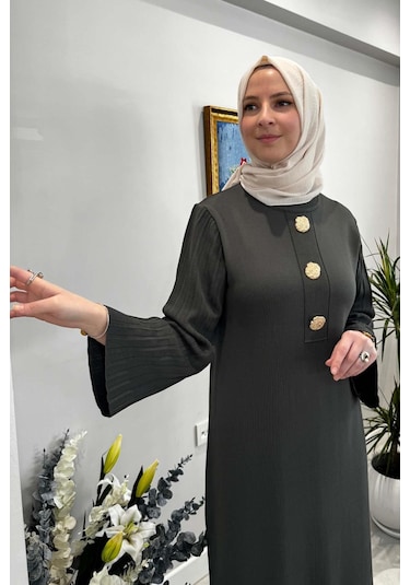 Banu Broşlu Triko Elbise Haki Normal