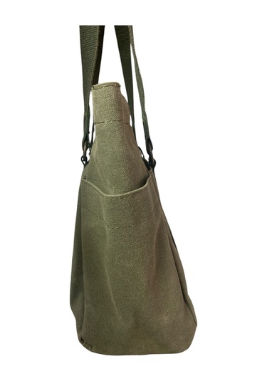 Vintage Salaş Design Su Geçirmez Kanvas Deri Günlük Okul Gezi Omuz Kol Çantası 35x28cm Haki