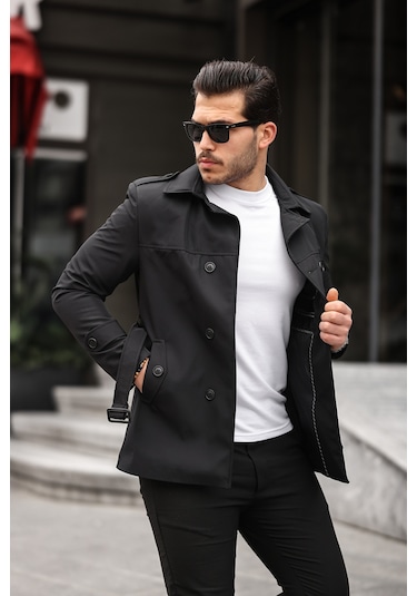 Mero Life Erkek Siyah Mevsimlik Astarlı Kemerli Kruvaze Trençkot Siyah