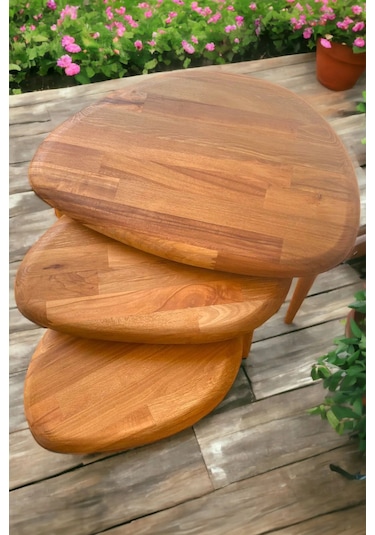 Fawdecor Masif Doğal Ahşap Modern Kestane 3'lü Zigon Sehpa Seti