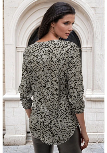 Haki Leopar Desenli, Lastikli Kol Detaylı, Şifon Bluz Haki