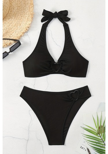 Angelsin Kalp Aksusuarlı Bikini Takım Çıkartılabilir Kaplı Siyah