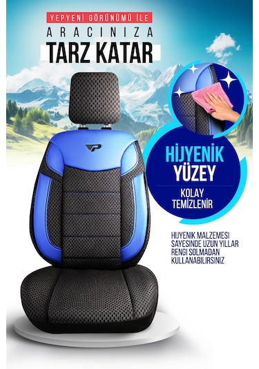 Siyah - Mavi Garni Panda Dragon Serisi Dokuma Kumaş Oto Koltuk Kılıfı - Tam Set