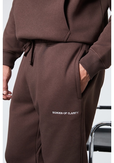 MARSHALLHOODIE Erkek Pamuklu İçi Polarlı Nakışlı Relaxed Kahverengi Eşofman Takımı