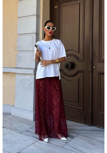 Crimson Grace Kadın Bordo Dantel Maxi Etek Şık Yazlık Tasarım Bordo