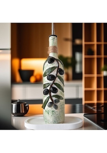 El Yapımı Kabartma Seramik Uygulamalı Zeytin Dalı Desenli Cam Şişe Sirkelik-yağdanlık, Mutfak Dekor Çok Renkli