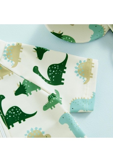 Fastbuy Bej Yürüyen Erkek Mayo, 3-12 Ay, 2-3 Yaş, Güneş Koruyucu Kısa Kollu, Fermuarlı, Hayvan Desenli Şapka Bej