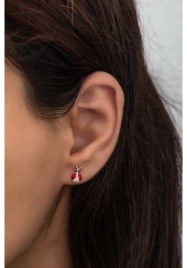 Nereze 925 Ayar Gümüş Minik Kırmızı Mineli Uğur Böceği Küpe