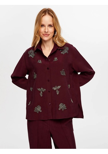 Faik Sönmez Boncuk Nakış Detaylı Tenselli Kadın Gömlek W26gml010 Mürdüm