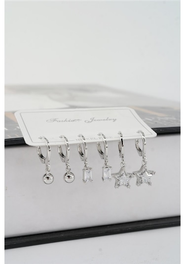 Byzeynaaksesuar Kadın Zirkon Taşlı Sallantılı Yıldız Figürlü Klipsli 6'lı Küpe Seti Çok Renkli