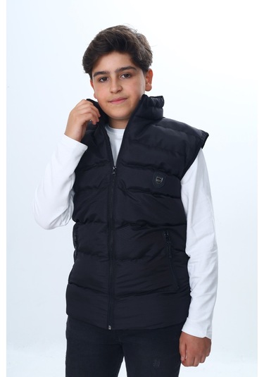 Toontoy Erkek Çocuk Su İtici Dik Yaka Fermuarlı Cepli Şişme Yelek Siyah