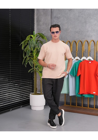 Modefendi Pamuk Likra Yırtmaç Detaylı 2 İplik Oversize Tshirt Krem
