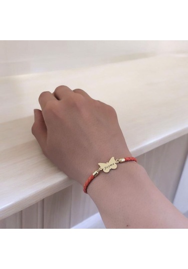 Şeyma İsmine Özel Kelebek Motifli 14 Ayar Altın Plakalı Turuncu Derili Hediye Bileklik-502isim Şeyma