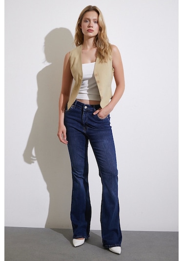 Never More Yüksek Bel İspanyol Paça Jean Koyu Lacivert Koyu Lacivert