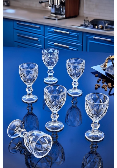 6'lı Cam Kahve Yanı Su Bardağı Seti,elmas Kesim Ayaklı Bardak Kristal Şeffaf