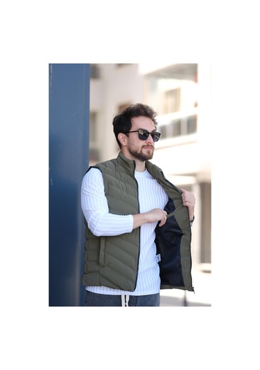 Faxy Cepli Dik Yaka Nova Parlak Kumaş Erkek Şişme Yelek Haki