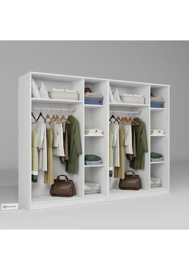 Kardelen Serisi Mat Beyaz 6 Kapaklı 10 Raflı 240 Cm Elbise Dolabı - Gardırop Seti Beyaz