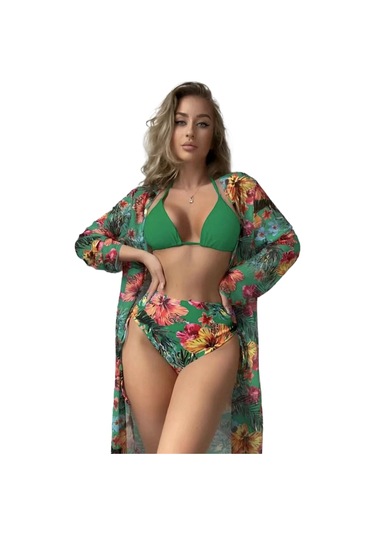 Bölünme Bikini Baskılı İpli Yüksek Bel Mayo Yeşil