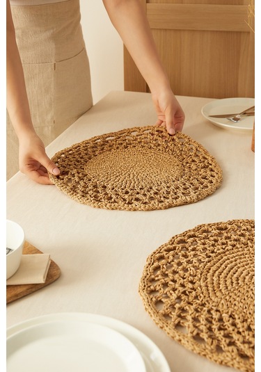 Ocean Home Textile 2 Adet Bej Rafya Sofra Sunum Tabak Altlığı Supla Amerikan Servisi 36 x 36 CM Diğer