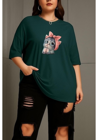 Büyük Beden Minnoş Kedi Baskılı Unisex Tişört Yeşil