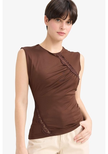 Defacto Slim Fit Dar Kesim Bisiklet Yaka Dantel Detaylı Kolsuz Bluz G4116ax25aubn341 Kahve-bn341