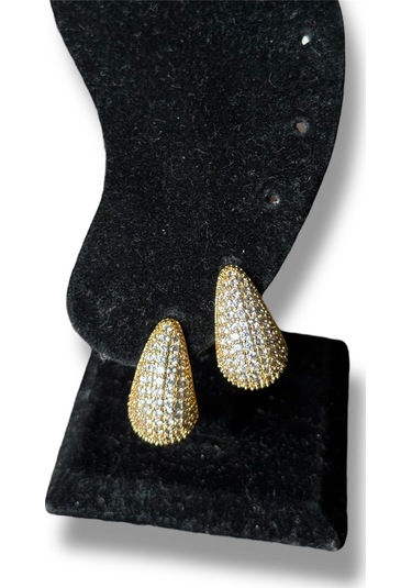 Full Taşlı Küçük Boy Su Damlası Çelik Küpe Sarı