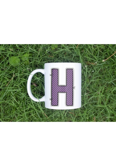 H Harfi Mor Puantiyeli Kupa Bardak - Polka Dot Tasarım Kahve Çay Bardak - Kişiye Özel Hediyelik Beyaz