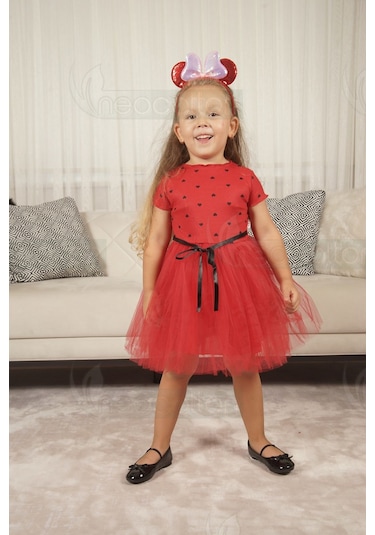 Kız Bebek-çocuk Kısa Kollu Doğum Günü Ve Özel Günler İçin Kalpli Tüllü Astarlı Elbise Kısakol-kırmızı Kırmızı