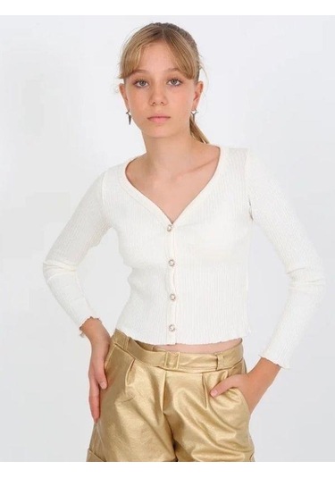 Kız Çocuk Kaşkorse Taşlı Düğmeli Hırka-14807 Ekru