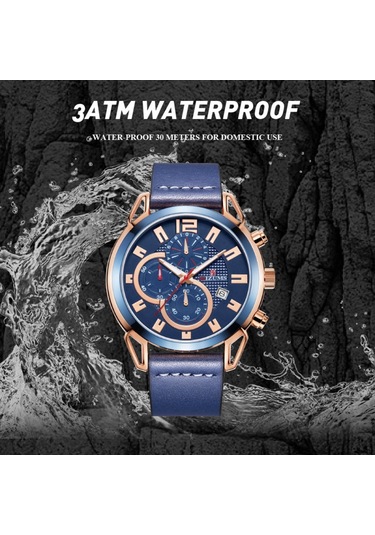 Mızums Erkek İş Saati Moda Alaşımlı Kasa Deri Bantlı Saat Zarif 3 Atm Su Geçirmez Kuvars Bilek Saati Gül Altın Kasa Mavi Yüzeyli Diğer