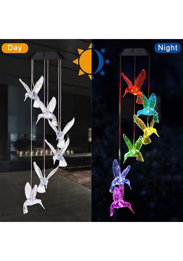 Qingmipy Güneş Enerjili Renk Değiştiren Led Bahçe Rüzgar Çanı - Kuş Figürlü Dekoratif Aydınlatma Şeffaf