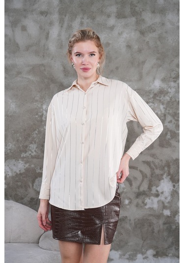 Çizgili Klasik Kadın Gömlek Bej
