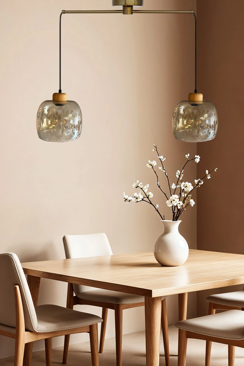 Dijon Cam Bal Rengi İkili Metal Çubuk Sarkıt Avize Geniş Ahşap Başlık Salon Pastane Avizeleri Bal