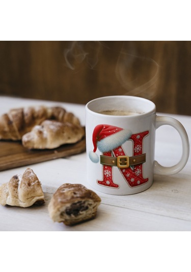 N Harfi Yılbaşı Temalı Bardak 330 Ml Harfli Kişiye Özel Hediye - Yeniyıl / Noel Şapka Tasarım Beyaz