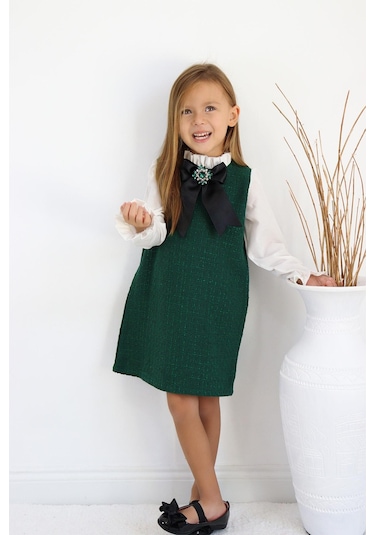 Kız Çocuk Vanessa Broş Detaylı Tüvit Zümrüt Uzun Kollu Elbise