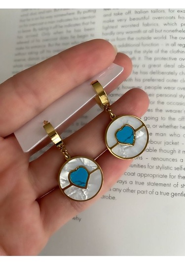 Kadın Sedefli Mavi Kalp Çelik Kararmaz Küpe Çifti