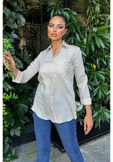 Kadın Bej Uzun Kol Özel Kumaş Tek Cep Gömlek Dik Çizgili Arkası Uzun Basic Kesim Gömlek Taş