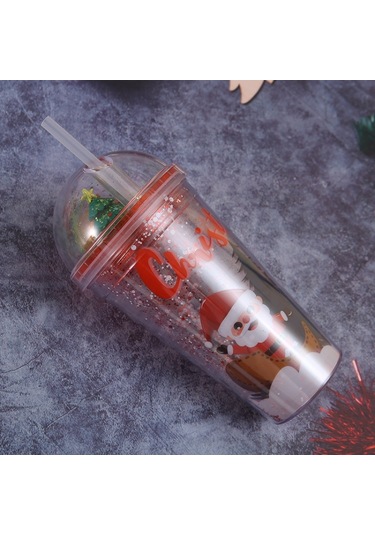 500ml Noel Baba Karikatür Taşınabilir Plastik Kupa Çift Mikro Peyzaj Suyu Kupası Style 2 , Size:with Straw Style 2 Siyah