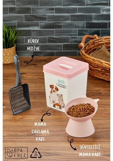 Evcil Hayvan Kedi Ve Köpek Mama Saklama Kabı & Mama Kabı Seti Kürek Hediyeli 3'lü Set - Pembe
