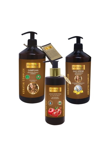 Naturix Tuzsuz Keratin Şampuan 600 ML + Keratin Saç Kremi 500 ML + Nar Özlü El Yüz ve Vücut Kremi 250 ML