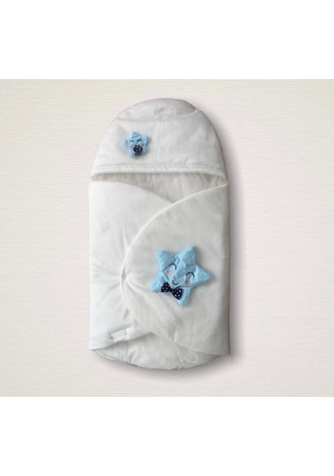 Yenidoğan Çift Yıldız Detaylı Şapkalı Duvaklı Erkek Bebek Klasik Kundak Bebek Battaniyesi Ekru Ekru