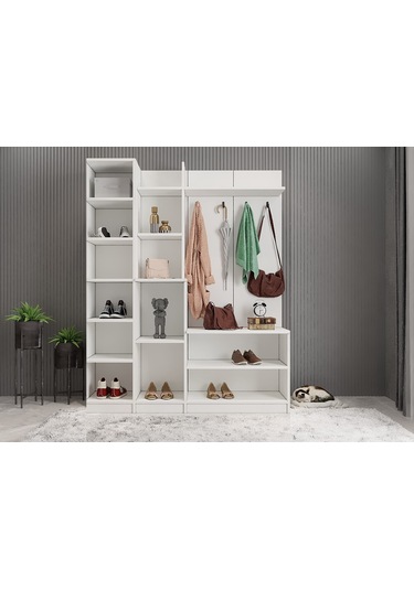 Çizgi Portmanto Vestiyer Ayakkabılık Beyaz 160 cm -Ücretsiz Kurul