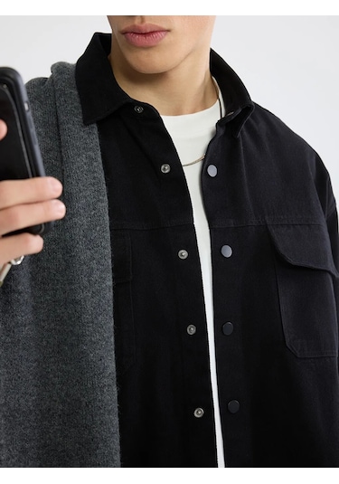 Lc Waikiki Siyah Loose Fit Erkek Gabardin Gömlek Ceket