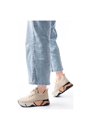 Rs-400 Bej Bağcıklı Fileli Renkli Taban Günlük Kadın Spor Beyaz
