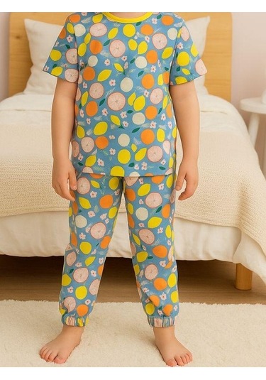Kız Çocuk Pamuklu Meyve Desenli Kısa Kol Pijama Takımı-16027 Mavi