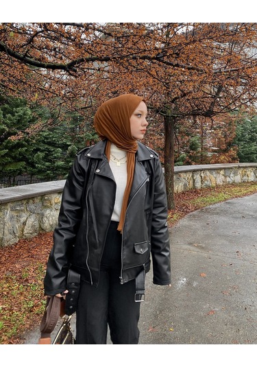 Kadın Siyah Oversize içi Kürklü Kemerli Biker Deri Ceket Siyah