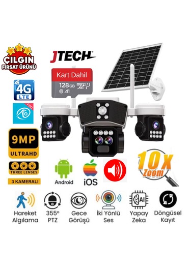 O-kam 9095 3mp+3mp+3mp 9mp 4g Sim Kartlı Solar Panelli 10x Optik Zoom 3 Lens Alert Ptz + 128gb Sd Kart