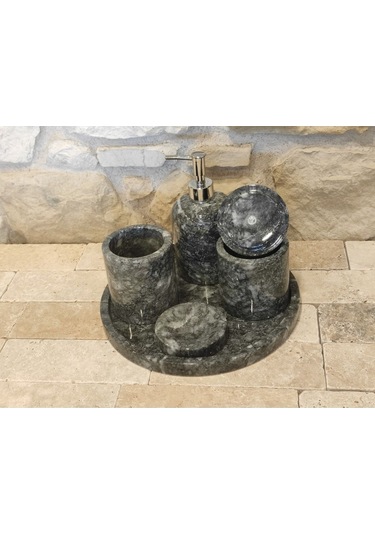 Uludağ Siyahı Mermer 5'li Banyo Seti Köşe Tepsili Beyaz